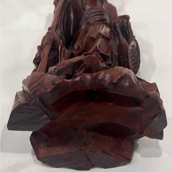 19th Cent Vintage Japanese Carved Wood Fisherman with Boy, Fish and Fishing Net - Picture 11 of 12
